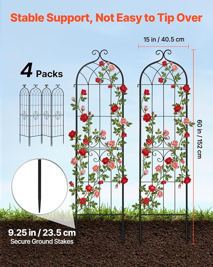 VEVOR Garden Trellis, 60 x 15 inch Rose Trellis, 4 Packs Garden Flower Rose Trellises with Powder-Coated Finish & Convenient Locking Design, Plant Support Trellises for Flowers, Vegetables, Roses