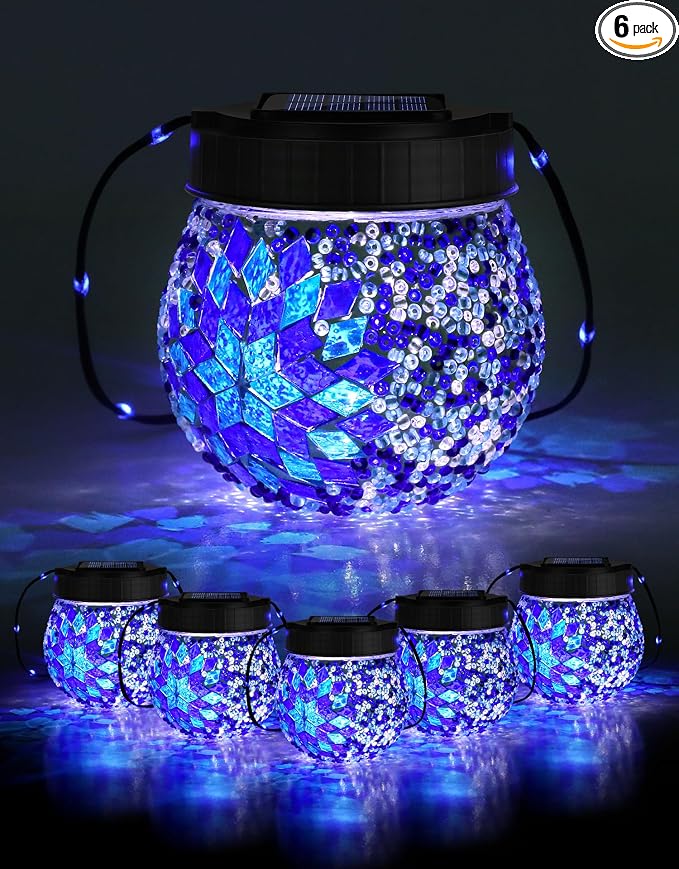 Mosaic Solar Lights Outdoor 6 Pack, Solar Hanging Lanterns Christmas Halloween Gifts for Women Mom Grandma, Waterproof Glass Globe Lights, Garden Patio Decor for Yard, Tree, Balcony, Cold