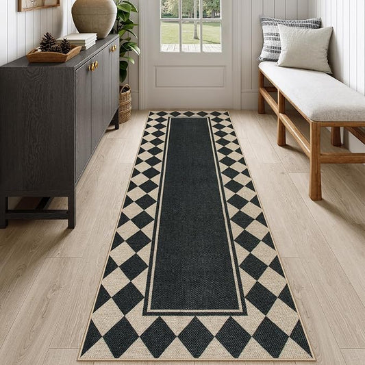 Moynesa Easy Jute Hallways Runner Rugs Washable 2.5x8 Entryway Rug Runners for Kitchen Black Checkered Indoor Outdoor Carpet for Entryway Patio, Diamond Grid Mat for Bathroom Bedroom Laundry