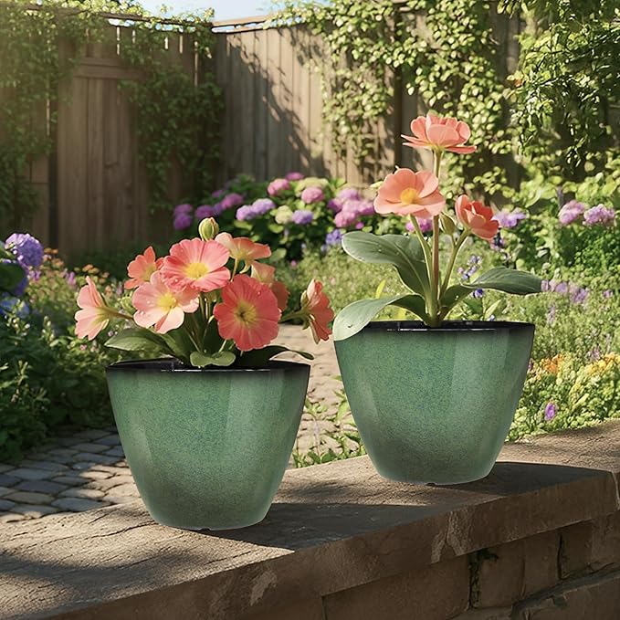 Vanslogreen 8 inch Flower Pots for Indoor Plants, 4 Pack Plastic Plant Pots for Plants with Drainage Holes, Indoor Planter for Outdoor Plants Garden Home Decor, Green