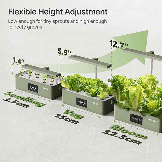 SUNCOZE Hydroponics Growing System Kit with 24W Dimmable LED Light, Green | 12 Pods Indoor Herb Garden with Timer & Local Time Setting, Adjustable Height, Smart Countertop Garden for Home & Kitchen