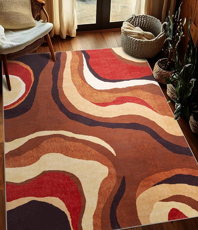 Burnt Orange Rug 4x6 Washable,Farmhouse Brown Retro Carpets,Geometric Abstract Wavy Rug for Bedroom,Unique Colorful Rugs for Living Room,Dining Room,Bedside Rugs