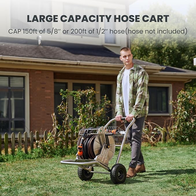 Giraffe Tools Garden Hose Reel Cart with Wheels, Stainless Steel Heavy Duty Water Hose Reel Cart, 200 ft of 1/2 Capacity, Mobile for Outside
