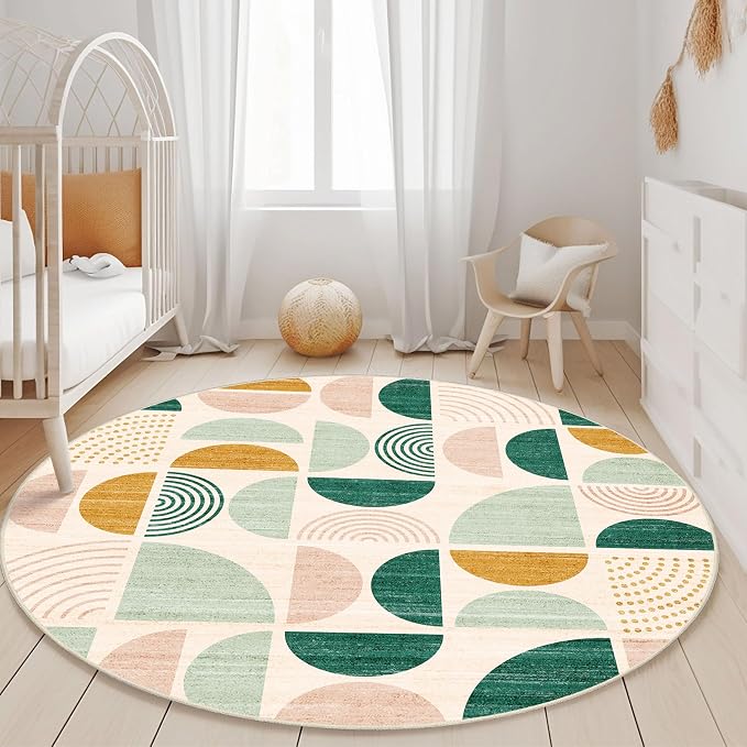 Round Rugs 5ft,Circle Area Rug Washable Non Slip Modern Abstract | Circular Rugs for Bedroom Living Room Dining Room Boho Throw Carpet Soft Low Pile Floor Indoor Bohemian Sage Green