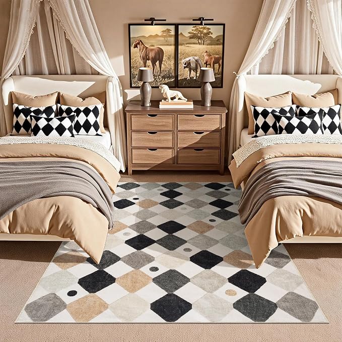 jinchan 5x7 Nursery Rug Washable Kids Playroom Rug Black and White Marble | Soft, Non-Slip, Cute, Kid-Friendly, Checkered Diamond, Play Mat, Black White on Cream, Classroom, Bedroom, Dorm, Living Room