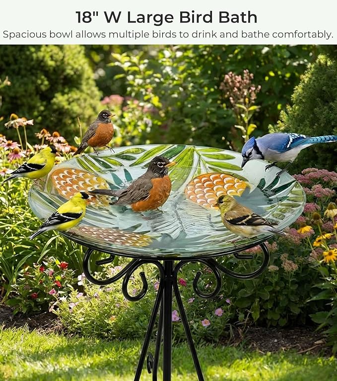 Large Bird Bath for Outside, Glass Bath Bowl with Metal Stand 28" H Standing Outdoor Birdbaths for Garden Yard Lawn Decor, Pineapple