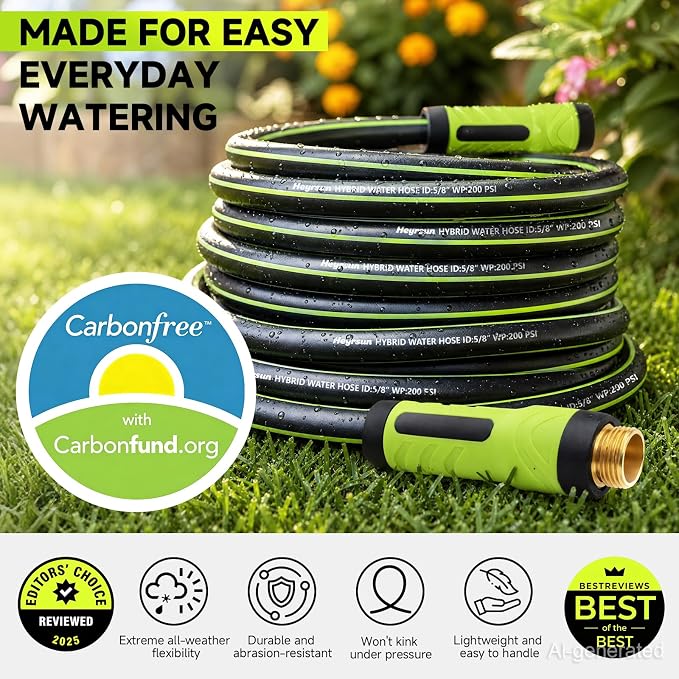 Garden Hose 100ft x 5/8", NON-EXPANDABLE Water Hose Heavy Duty, Flexible, Lightweight, Kink Resistant & Outside Hybrid Hose, Male to Female Fittings