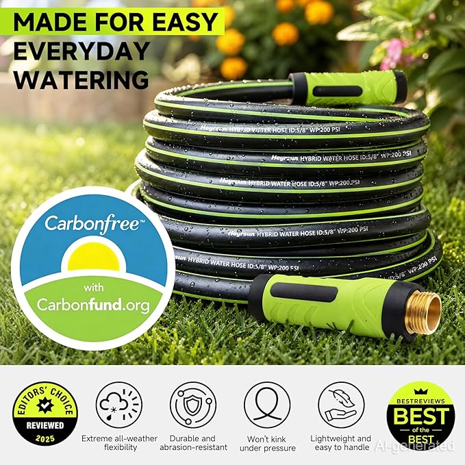 Garden Hose 75ft x 5/8", NON-EXPANDABLE Water Hose Heavy Duty, Flexible, Lightweight, Kink Resistant & Outside Hybrid Hose, Male to Female Fittings