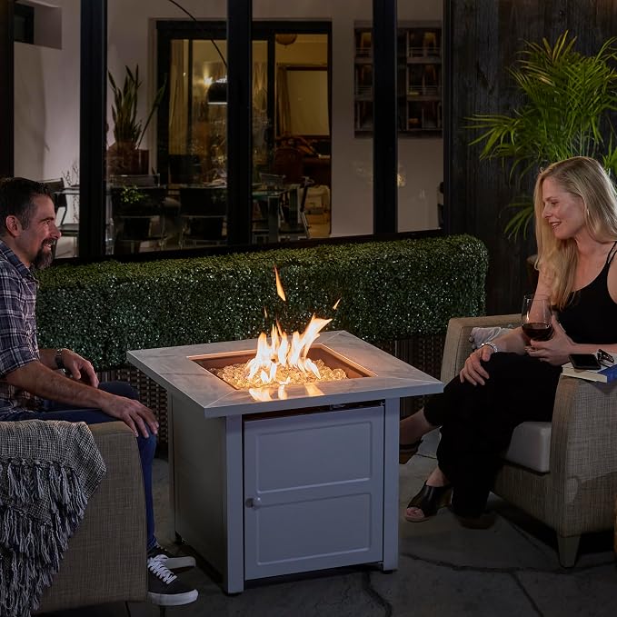Endless Summer 30" Square Outdoor Propane Fire Pit Table with Marble Mantel | Includes White Fire Glass and Protective Cover
