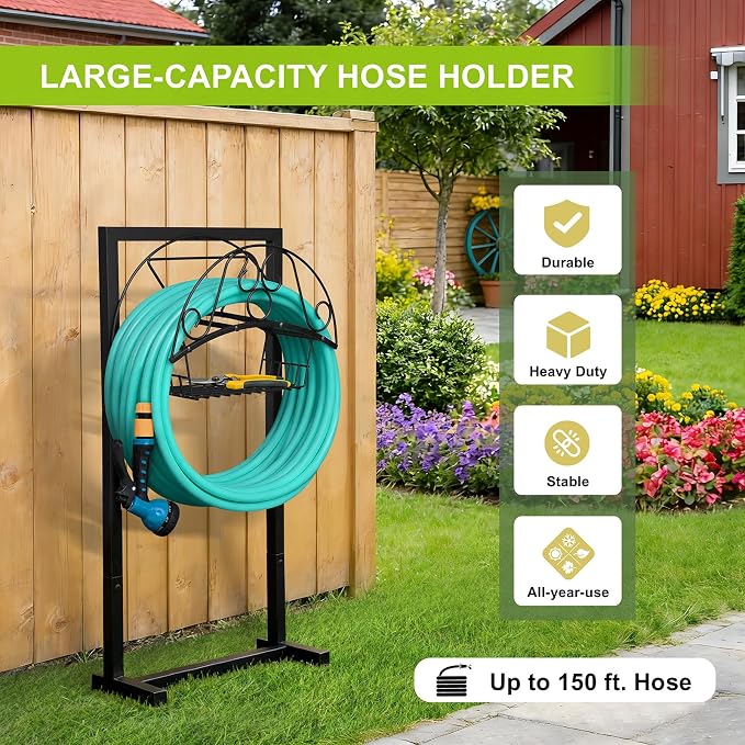 ATR ART TO REAL Garden Hose Holder, Heavy Duty Water Hose Reel For Outside Garden Hose Storage Hose Hanger Holds 150-Feet for Yard Lawn Farm (Style C + Basket)