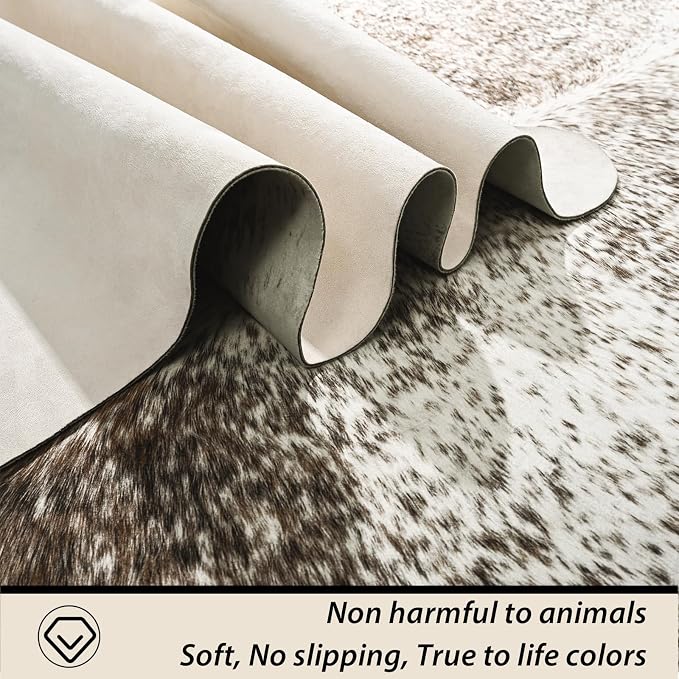2x3 Small Cowhide Rug, Washable Faux Brown and White Hide Runner Rugs for Entryway, Classic Texas Animal Print Accent Carpet for Fireplace Bedside, Synthetic Decor