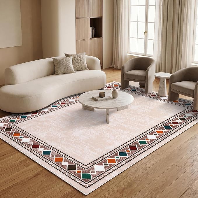 Garvee 4x6 Area Rugs Vintage Border Washable Rugs Soft Rug, Beige | Boho Area Rug Stain Resistant Easy Cleaning Throw Rugs Non Shedding Low Pile Floor Cover for Nursery Dining Room
