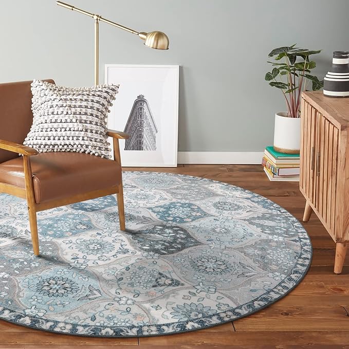 Lahome Moroccan Washable Round Area Rug, Soft Blue Vintage Round Rugs 6ft | Non-Slip Ultra-Thin Distress Large Circle Carpet for Dining Room Living Room Bedroom Elise, Blue