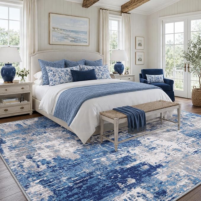 RELEANY Washable 10'x12' Abstract Area Rug for Living Room Blue Gray | Carpet for Bedroom, Kitchen, Office, Hallway and Entryway, Printed Pattern, Non‑Slip, Soft, Stain‑Resistant, Easy to Clean