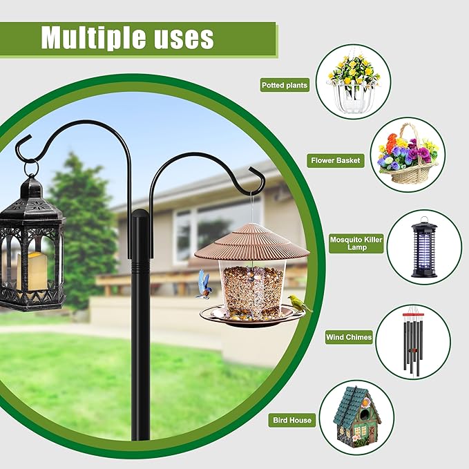 XDW-GIFTS Double Shepherds Hooks for Outdoor, 2-Pack Heavy Duty Garden Pole for Hanging Bird Feeder, Plant Baskets, Solar Light Lanterns, Garden Plant Hanger Stands with 5 Base Prongs