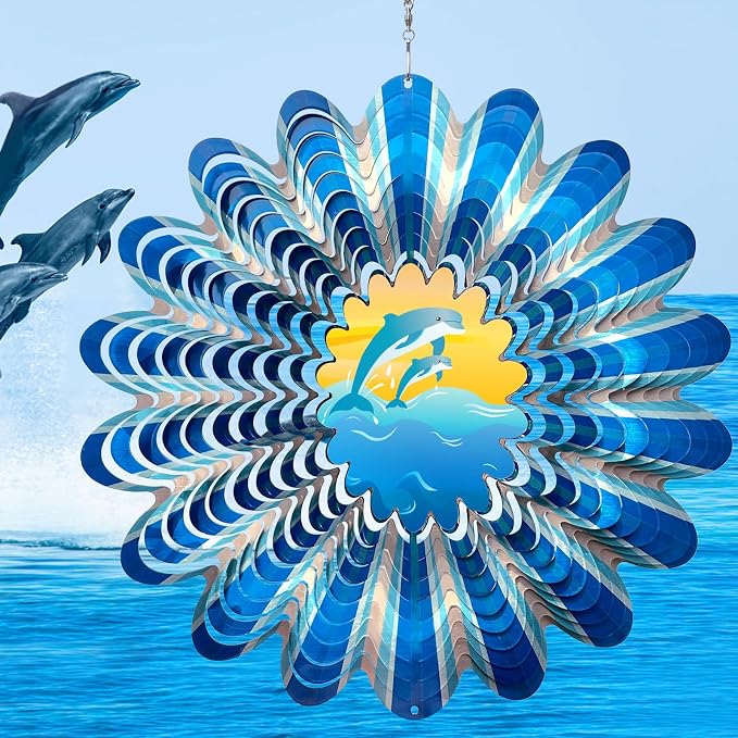 Animated Dolphin Wind Spinner - 3D Kinetic Yard Art Garden Decor | 12in Animations Wind Spinners for Yard and Garden, Metal Hanging Wind Sculpture, Outdoor Decoration, Gift for Sea/Ocean Lover