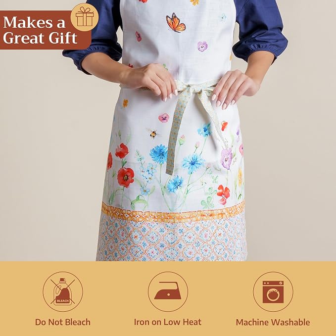 Maison d' Hermine Aprons for women with Pocket 100% Cotton (27.50"x31.50") | Adjustable Neck Strap & long ties Apron Men Chef Wedding Cooking Gardening Server Maid