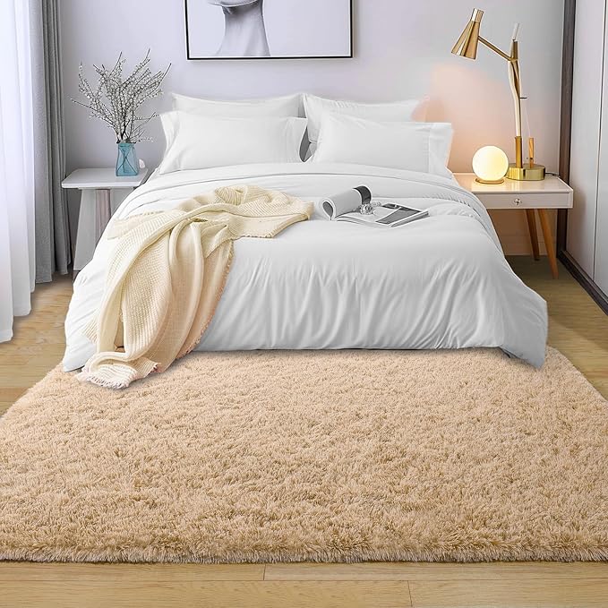 Soft Shag Fluffy Living Room Rug 5x7 Beige Washable | Upgrade Non-slip, 5 x 7 Shaggy Rugs for Bedroom Nursery, High Pile Fuzzy Plush Carpet Girls Kids Room Dorm, Flame Resistant