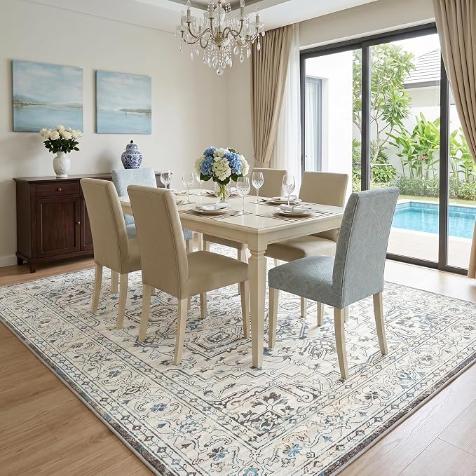 Vintage Washable Area Rug 6x9, Non-Slip Low-Pile Elegant Persian Carpet for Bedroom Living Room Dining Room, Stain Resistant Traditional Indoor Rug, Neutral Cream Blue