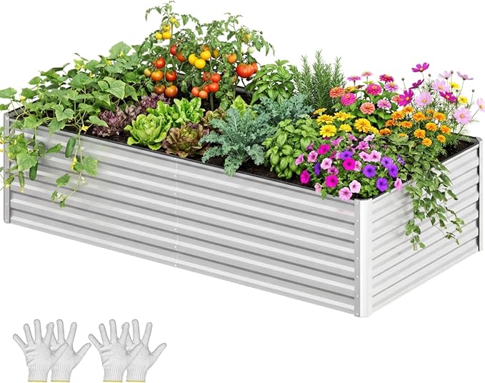 YITAHOME 6x3x2ft Galvanized Raised Garden Bed, Metal Planter Box with Safety Rubber, Gloves, Outdoor Flower Bed for Planting Plants Vegetables, Silver