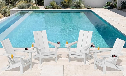 SERWALL Modern Folding Adirondack Chair Set of 4, All Weather Resistant Outdoor Adirondack Chair with Cup Holders, HDPE Adirondack Chair for Patio Lawn Garden, White