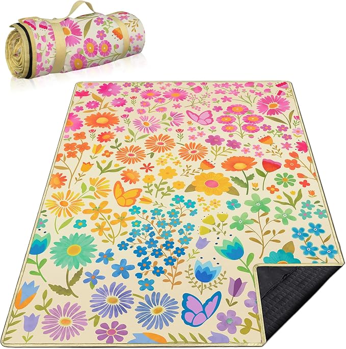 Floral Picnic Blankets Waterproof Foldable, 80″X80″ Extra Large Picnic Mat Boho Outdoor Blanket for Grass, Cute Packable Beach Blanket Sandproof Picnic Accessories for Camping Music Festival Park Lawn