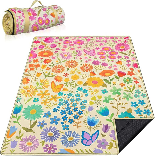 Floral Picnic Blankets Waterproof Foldable, 80″X80″ Extra Large Picnic Mat Boho Outdoor Blanket for Grass, Cute Packable Beach Blanket Sandproof Picnic Accessories for Camping Music Festival Park Lawn