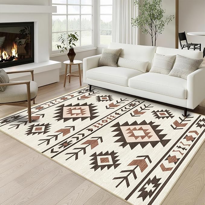 Western Area Rug 4x6 for Living Room, Southwestern Aztec Tribal Area Rugs Southwest Navajo Machine Washable Rug Non-Slip Printed Low-Pile Floor Carpet for Bedroom Dining Room Office, Beige