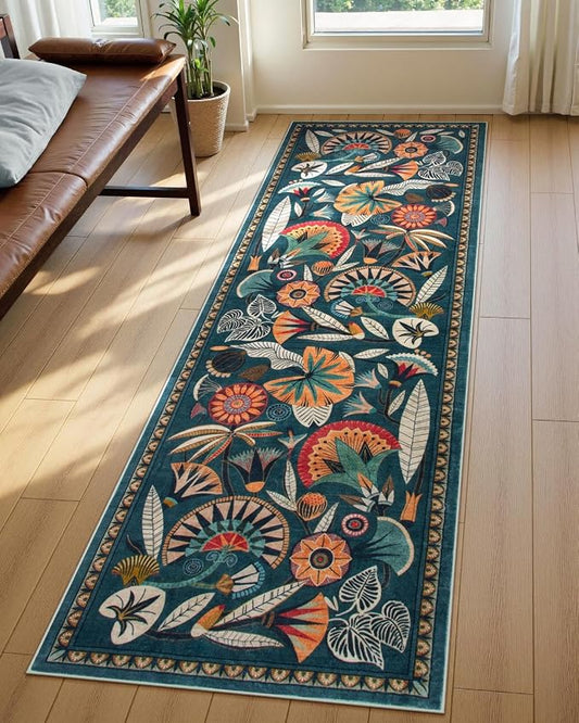 Zealude Boho Washable Green Bathroom Kitchen Runner Rug, 2x8 Egypt Hallway Entryway Rug Runner, Non Slip Botanical Floral Vintage Carpet for Entry Living Laundry Room (Dark Green, 2 x 8)