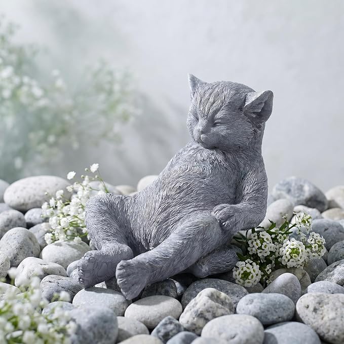 Cat Garden Statue Outdoor Decor, Pet Memorial Stone，Sleeping Cat Statue， Resin Cat Figurine Garden Sculpture Patio Decor,Headstones for Cats or Thoughtful Sympathy Gift,9.8" L x 5.9" W x 6.7" H