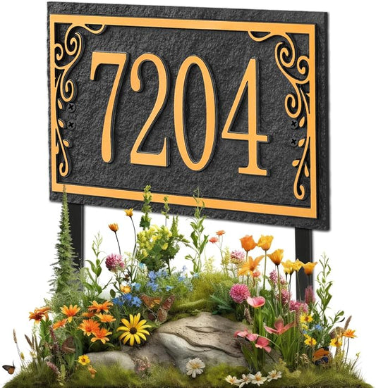Lawn Address Sign Plaque - Personalized House Number Plaque Sign,Address Numbers for House Large Option Stakes Included (Black/Gold)