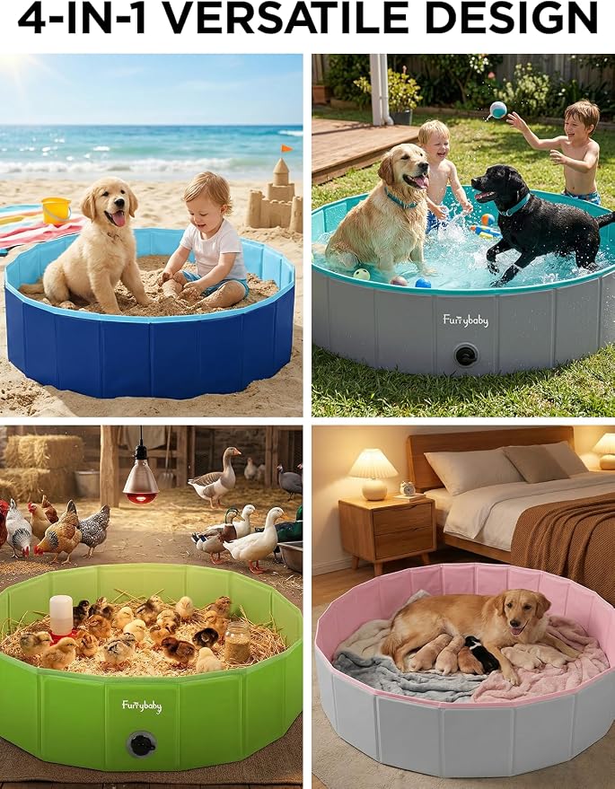Furrybaby Foldable Dog Pool, Kiddie Pool Hard Plastic, Collapsible Pet Bath Portable Dog Swimming Pool for Pet, Dogs and Cats Grey 32'' | Collapsible rigid dog pool with non-slip PVC, durable hard plastic tub, portable indoor & outdoor use for pets and...
