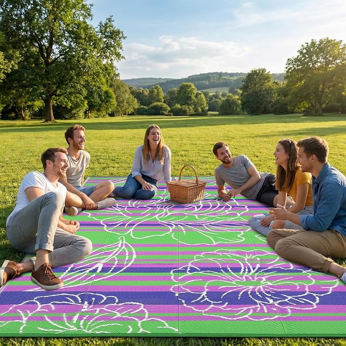 Garvee 9x12 Outdoor Waterproof Rug, Floral Outdoor Area Rug，Reversible Plastic Straw Patio Rug, Portable Camping Mat for RV, Picnic, Beach, Balcony, Garden & Camping Green