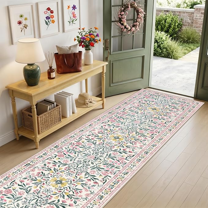 PLHXFR 2.6x10 Washable Runner Rug：Floral Indoor Kitchen Carpet Pink Green | For Hallway Bedroom Kitchen Laundry Bathroom Dorm,Vintage Floral,Machine washable,Non Slip,Stain Resistant,Indoor Floor