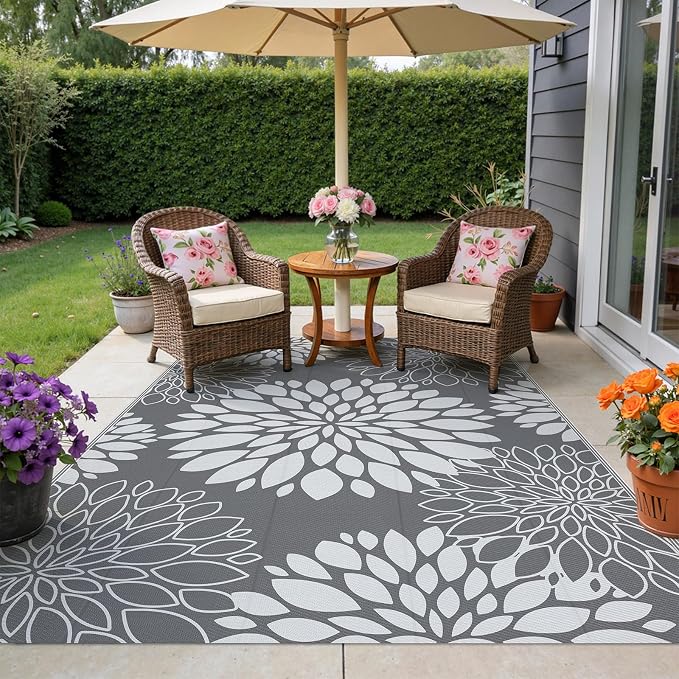 Ileading Waterproof Outdoor Rug 5x8, Reversible Plastic Straw Patio Rug, Portable Indoor Outdoor RV Camping Mat Carpet for Deck, Porch, Balcony, Backyard, Picnic, Floral Grey