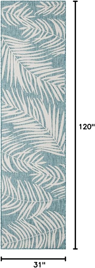 Unique Loom Outdoor Botanical Collection Area Rug - Palm (2' 7" x 10' Runner Light Aqua/Ivory)