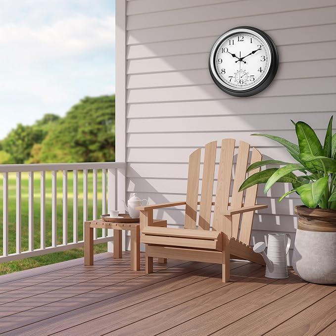 JoFomp Large Waterproof Outdoor Clock with Thermometer Combo - 12 inch Silent Non Ticking Quartz Battery Operated Wall Clock for Patio, Home, Pool, Garden, Porch, Deck (Silver, 12 Inch)