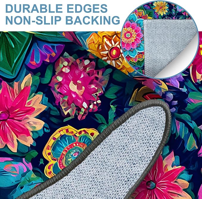 Vibrant Multicolor Mandala Floral 2x3 Entry Rug,Washable Small Rugs for Entryway Kitchen Bathroom Door Mat Indoor Entrance,Non Slip Rubber Backing,Stain & Fade Resistant,Boho Psychedelic Decor