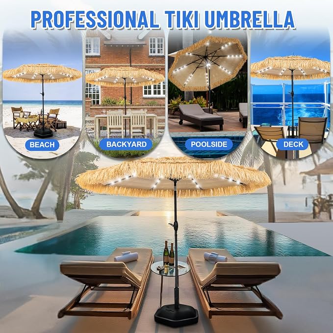 9FT Tiki Thatched Umbrella With Solar Lights for Outdoor Patio Poor Garden | 8 Steel Ribs,Zinc Alloy Push Button Tilt,UPF 50+,Strong Wind Resistance,9-12 hours of lighting,45°of tilt,Easy Set Up