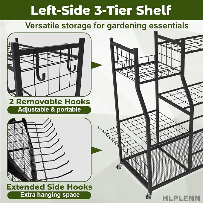 Large Garden Tool Organizer with Wheels, Yard Tool Organizer Stand for Long Handled Tools, Indoor/Outdoor Metal Yard Tool Storage Rack Cart for Garage, Shed, Garden