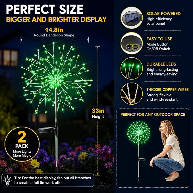 suddus Solar Garden Lights Outdoor - 150 LED Green Firework Lights Waterproof with 8 Modes, Solar Stake Lights Decorations for Outside Yard Pathway Flower Bed Halloween Decor (2 Pack)