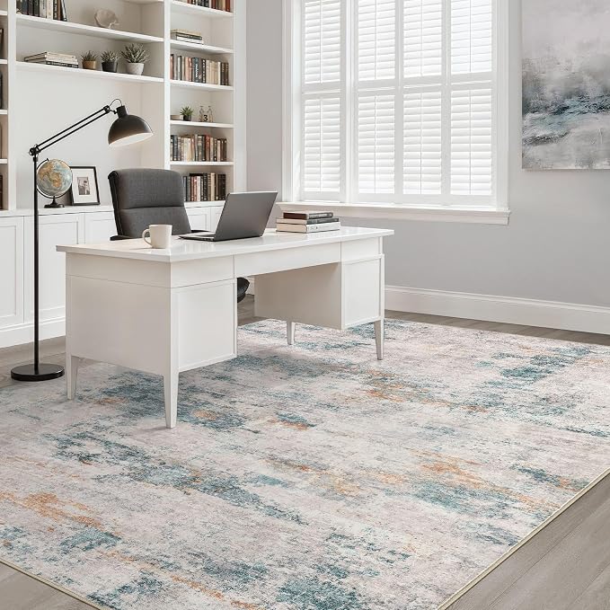 LOONGRUG 5x7 Area Rug Washable Neutral Modern Living Room Rug Teal Brown | Abstract Soft Stain Resistant Indoor Floor Non-Slip Carpet for Bedroom Nursery Kids Office Playroom