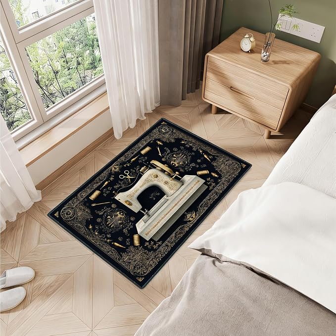 Vintage Sewing Machine Ornate 2x3 Entry Rug,Washable Small Rugs for Entryway Kitchen Bathroom Door Mat Indoor Entrance,Non Slip Rubber Backing,Stain & Fade Resistant,Craft Lover Decor