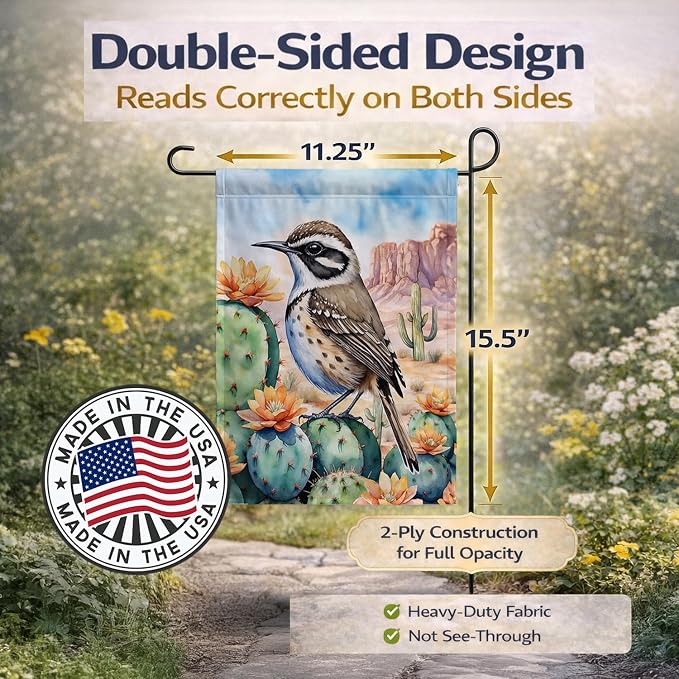 Caroline's Treasures Arizona Cactus Wren Garden Flag Mailbox Flag Decorative Yard Flag Banner Outside Patio Artwork Yard Flower Beds, Garden Size, Multicolor