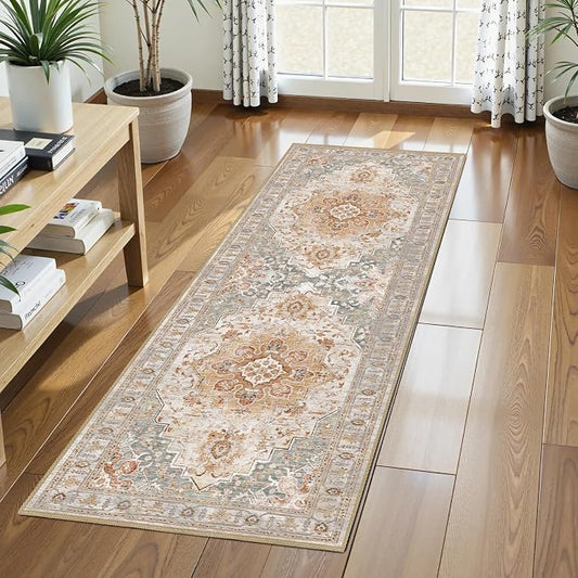 Washable Area Rug 2'6'' x 8' Vintage Traditional Persian Mat - Foldable Distressed Non-Slip Machine Washable Carpet for Living Room Bedroom Kitchen Home Decor - Dove Gray and Coral