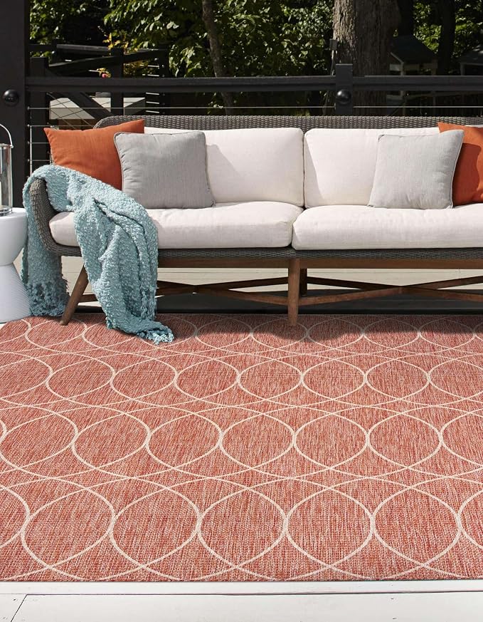 Unique Loom Outdoor Trellis Collection Area Rug - Gitter (10' Square, Rust Red/ Ivory)