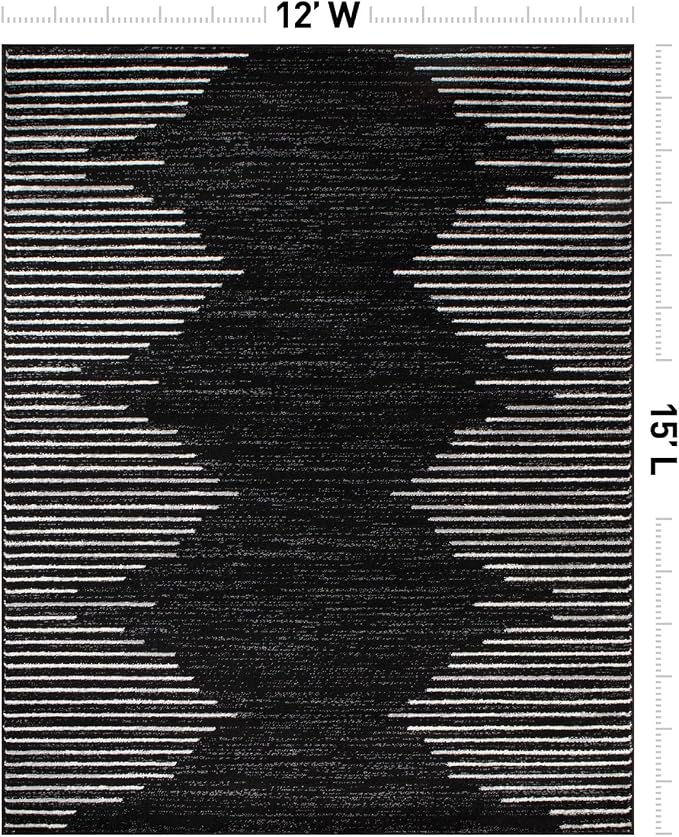 Rugshop Bohemian Stripe Stain Resistant Area Rug Black 12' x 15' | High Traffic,Fade Resistant, Living Room, Bedroom, Dining Room, Large Areas,Basement,Open Spaces,Kitchen,Oversized Area Rug