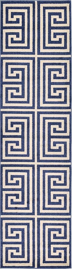 Unique Loom Athens Collection Classic Geometric Modern Border Design Area Rug (2' 7 x 10' 0 Runner, Navy Blue/ Beige)