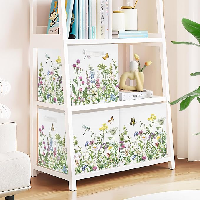 Clastyle Flowers Storage Cube Organizer Set Handle Closet Clothes Cube with Metal Frame Foldable Parents Organizer Storage Basket for Book Toy,Green,11.8x11.8x11.8 in
