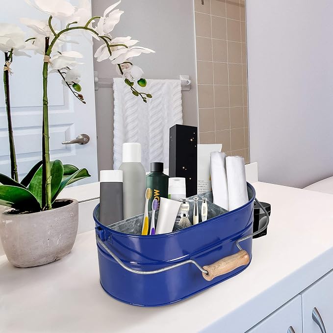 Alpha Living Home 4 -Section Galvanized Utensil Silverware Caddy - Farmhouse Organizer with 4 Compartments and Wooden Handle - Versatile Storage for Kitchen, Outdoor & Party Essentials (Blue)